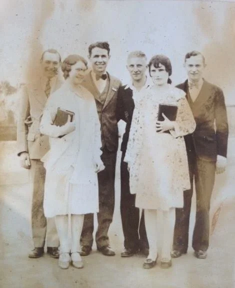 Bryant and Lola Lee on the left with friends from the Foursquare Church's LIFE Bible College. Lola Lee helped design and sew the ladies uniforms. Bryant was in leadership at the school. 
