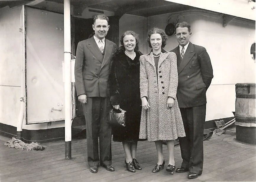 Bryant, Helen, Jean and Hubert on board a ship in the 1940s seeing someone off to the mission field. 