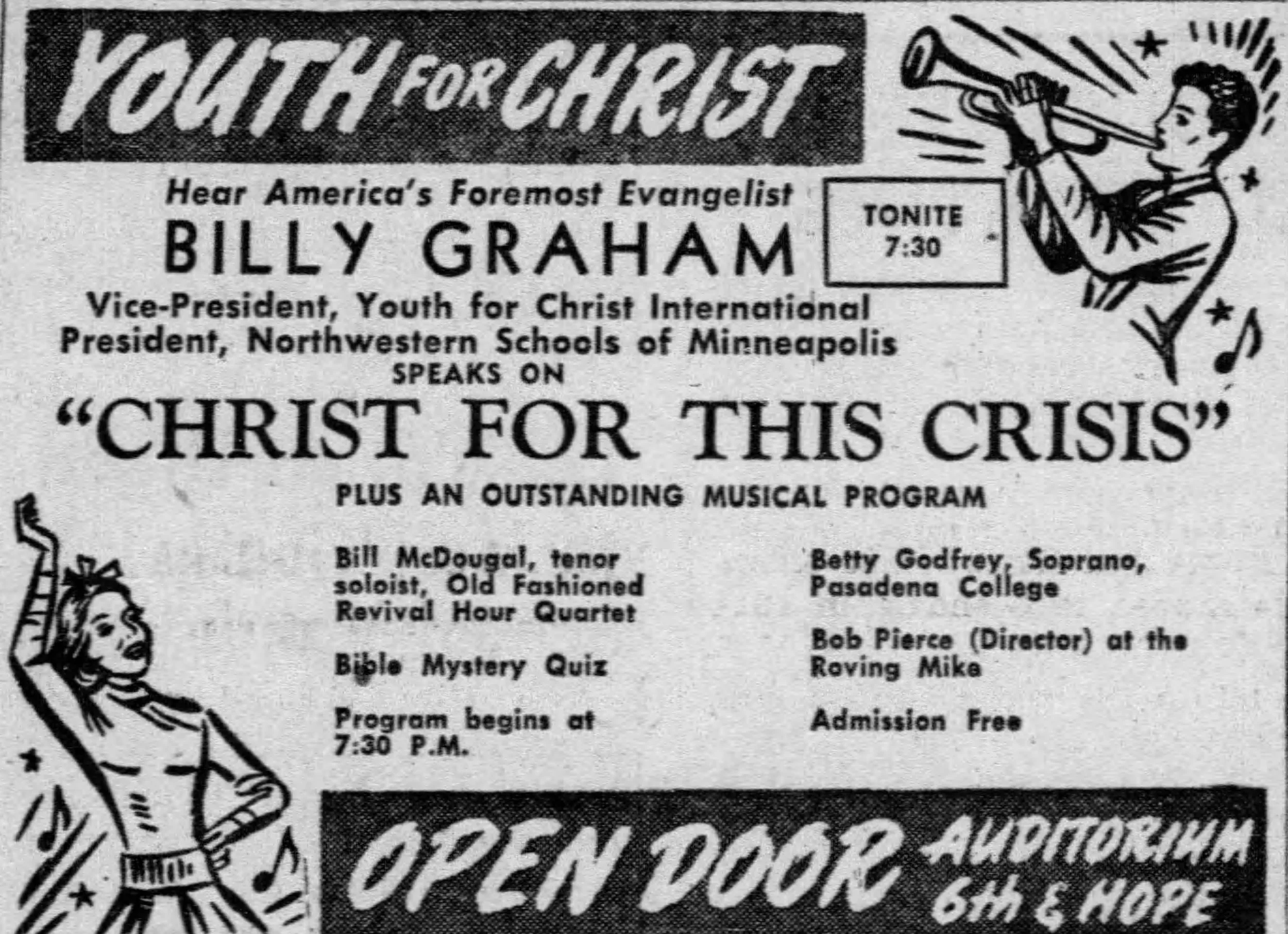 1949 Newspaper Announcement - Youth for Christ meeting with Billy Graham speaking. Hubert Mitchell managed this Saturday Night Jubilee at Church of the Open Door