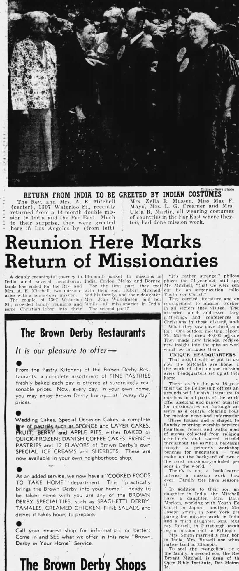 Andrew and Jennie return from India - newspaper article from 5/26/1950