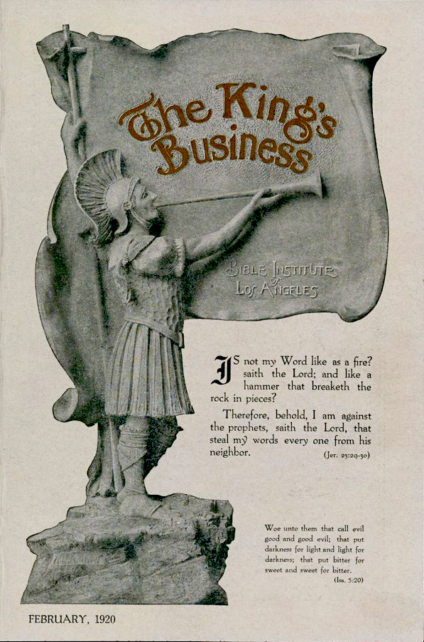 Biola's The King's Business cover by A.E. Mitchell, 1920