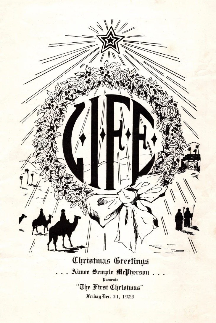 Christmas program cover for Angelus Temple, 1928. Andrew's children were performing in this production, and the baby who portrayed baby Jesus in this program is still living as of early 2026. 