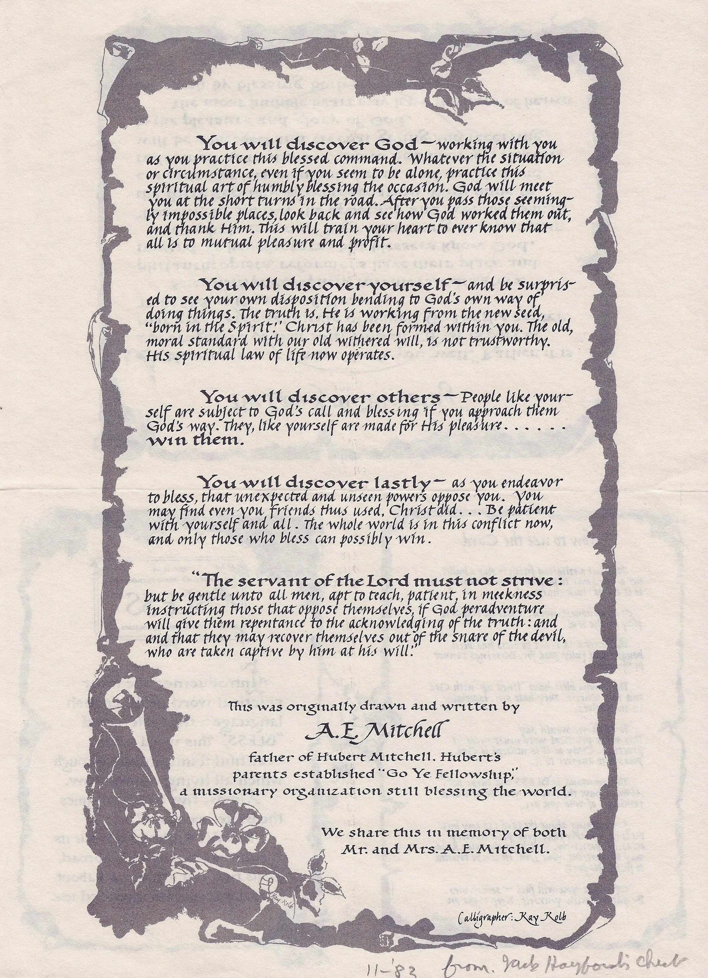 This is a reproduction of the "Bless" pamphlet from 1982 from Church on the Way, in Van Nuys, CA. Jack Hayford was mentored by A.E. and Jennie Mitchell while at LIFE Bible College. page 1 of 2