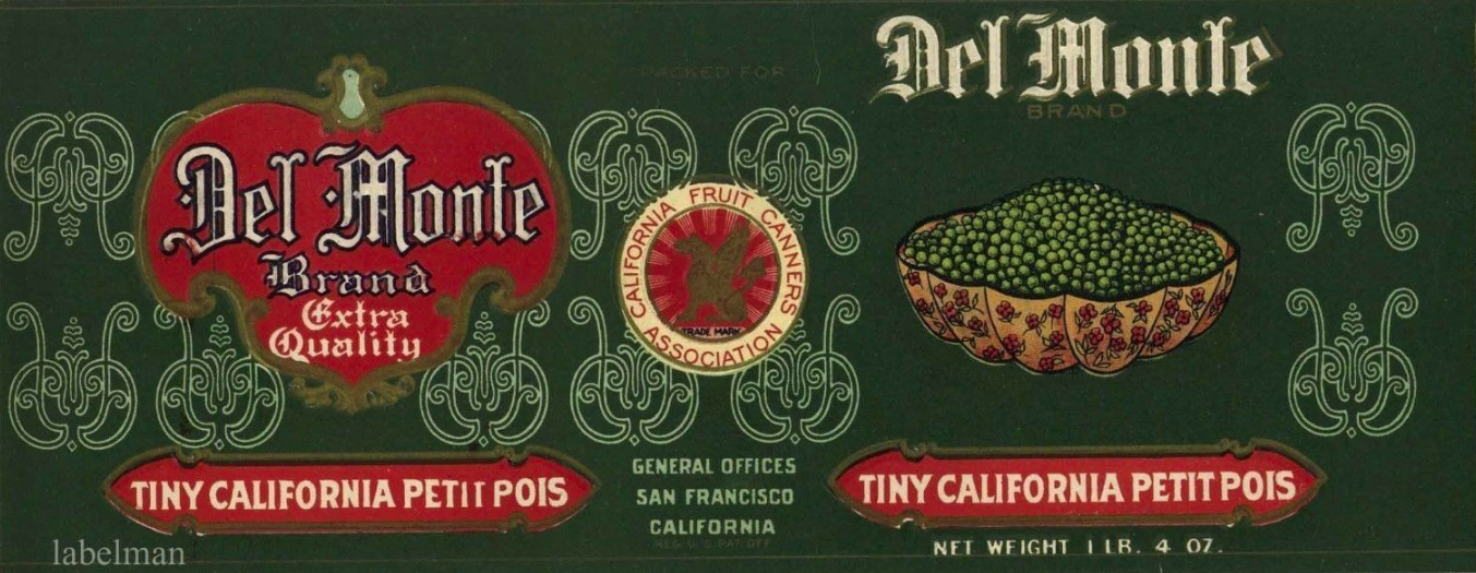 The earliest Del Monte logo that features Andrew's art. This is a very fancy logo and label, and Del Monte simplified it over the years. Click on the image and it will take you to the History San Jose page that credits A.E. Mitchell. 
