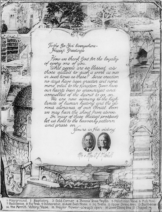 A beautiful detailed "map" of the Go-Ye Prayer Garden and Mitchell family compound. Click on the image to download a copy. 