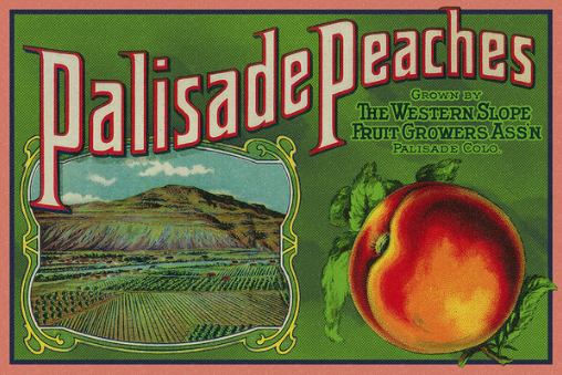 Palisade Peaches label - still available today on mugs, t-shirts, etc. 
