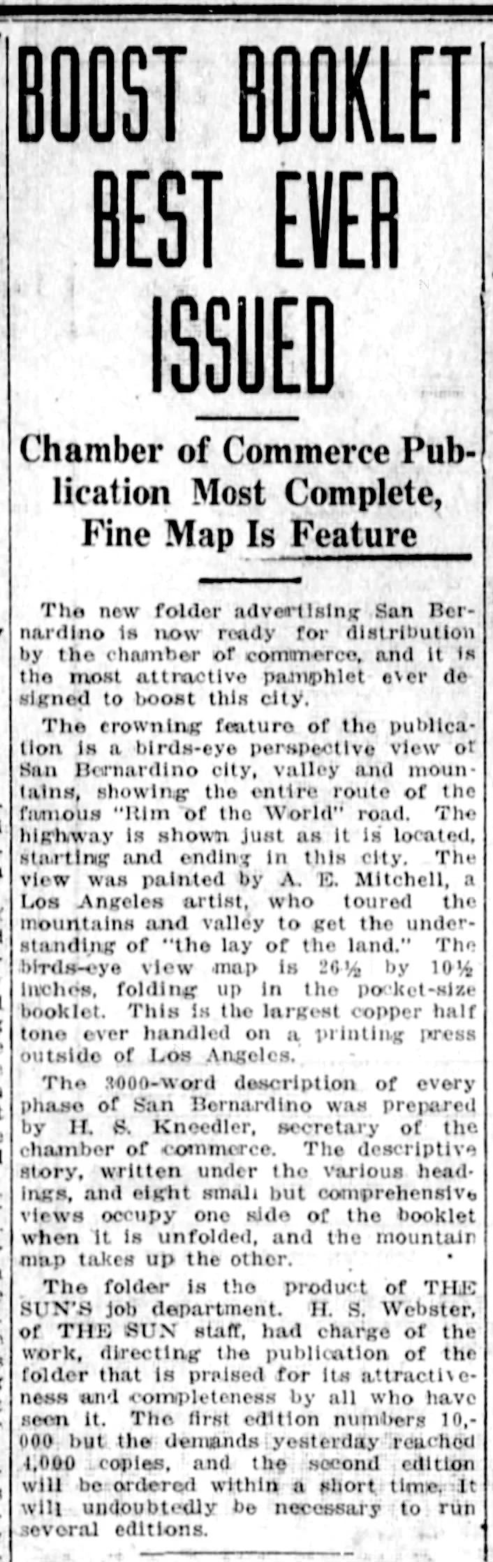 Newspaper article fro 1915 about Andrew's "Rim of the World" map painting for a San Bernardino brochure. 