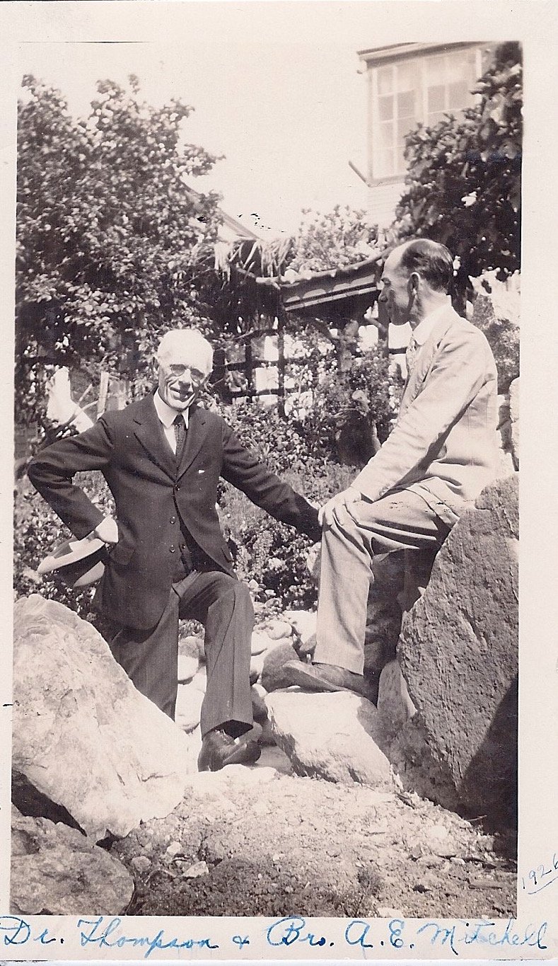 Dr. Frank C. Thompson of the Thompson Chain Reference Bible hired Andrew to crate many illustration in the back of the Bible in the 1920s when they were both teaching at LIFE Bible College. Here they are in the Prayer Garden behind the Mitchell famil