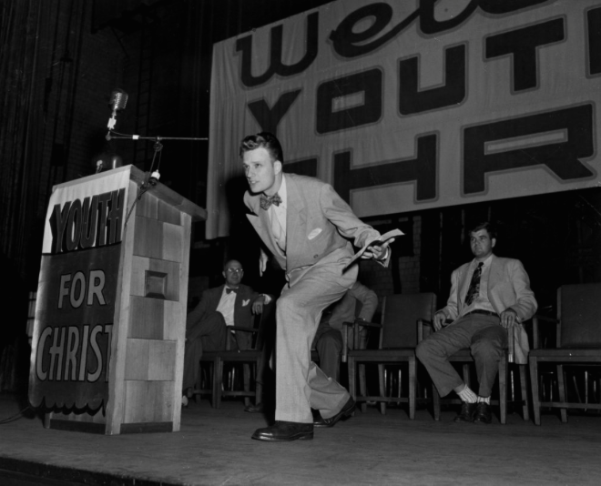 Billy Graham at an early Youth For Christ meeting
