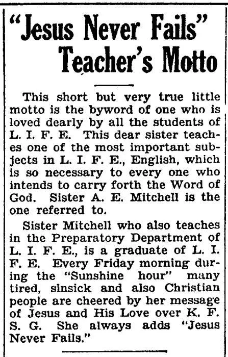 "Jesus Never Fails" plaque article, Foursquare newspaper, 1920s