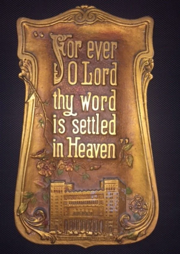 "For ever O Lord" - A plaque Andrew did for Biola. This is Biola's  motto, and the Biola building is at the bottom. This plaque is in the Biola library archives.