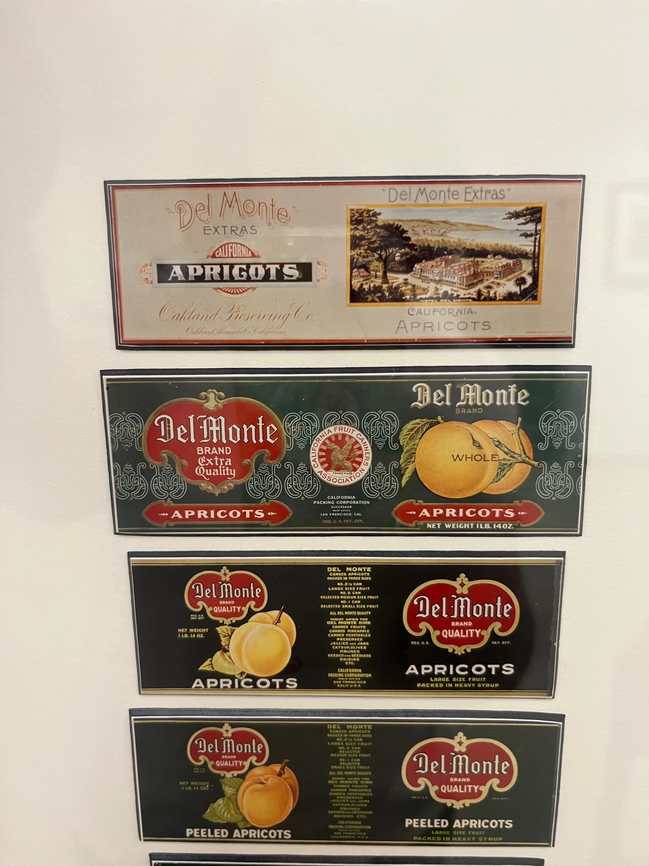 The very first label for Del Monte at the top of this display of labels through the years was replaced by Andrew's colorful label before 1906. This framed label collection is at History San Jose museum. 
