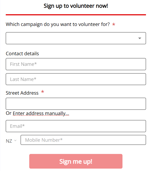Volunteer sign-up form with fields for campaign selection, contact details, address, email, and mobile number, and a pink 'Sign me up!' button.