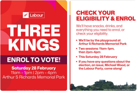 Flyer for a Labour election event featuring the Three Kings, with details of the date, time, location, and activities at Arthur S Richards Memorial Park.
