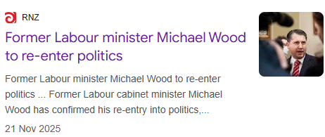 Screenshot of a news article about former Labour Minister Michael Wood re-entering politics, dated November 21, 2025.