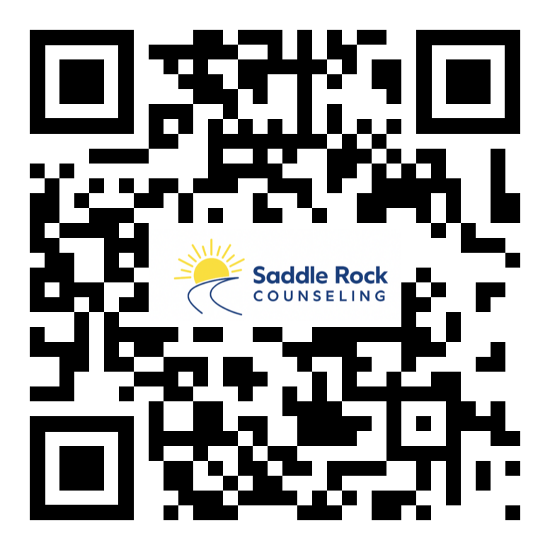 QR code with Saddle Rock Counseling logo in the center, featuring a sun, a winding road, and text.