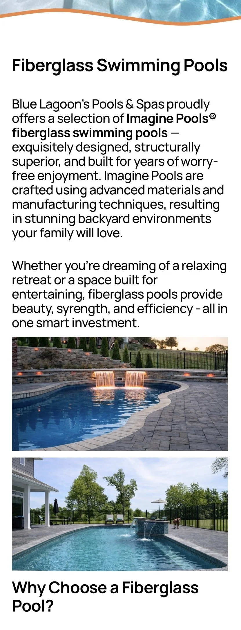 An informational flyer about fiberglass swimming pools, featuring two images of backyard pools with water features, surrounded by patios and outdoor furniture.