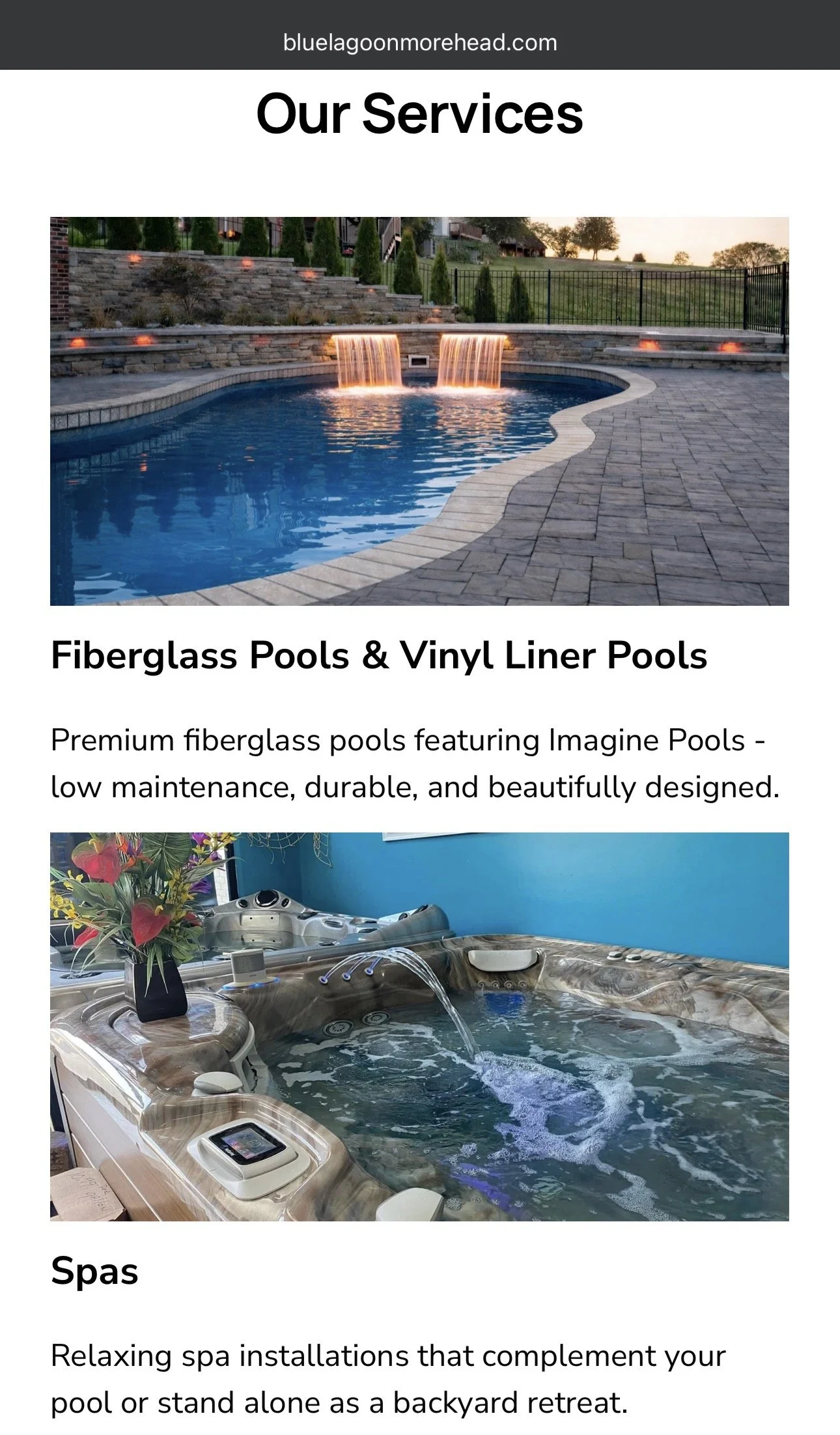 Flyer advertising pool and spa services, featuring images of a backyard pool with waterfalls and a hot tub with jets