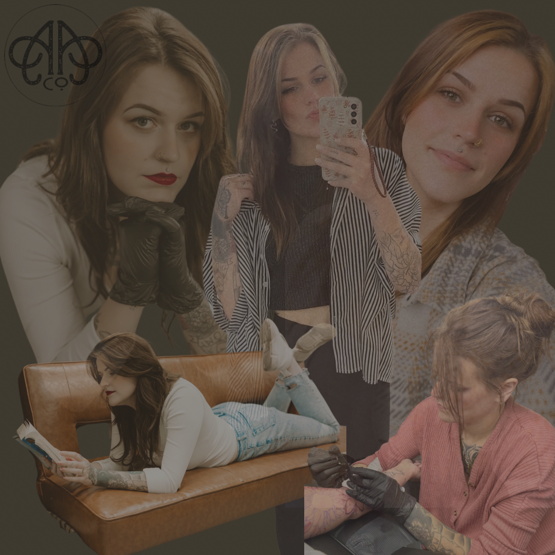 A collage of four photos of a young woman with brown hair, tattoos, and piercings, in different poses and settings, including taking a selfie, reading, and getting a tattoo.