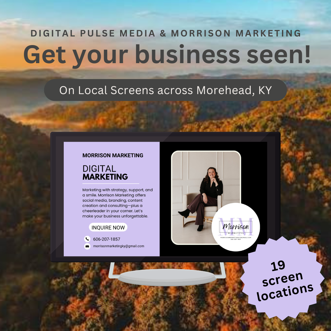 Advertisement for Morrison Marketing, digital marketing services on a screen in Morehead, Kentucky, with a background of autumn trees and a purple badge indicating 19 screen locations.