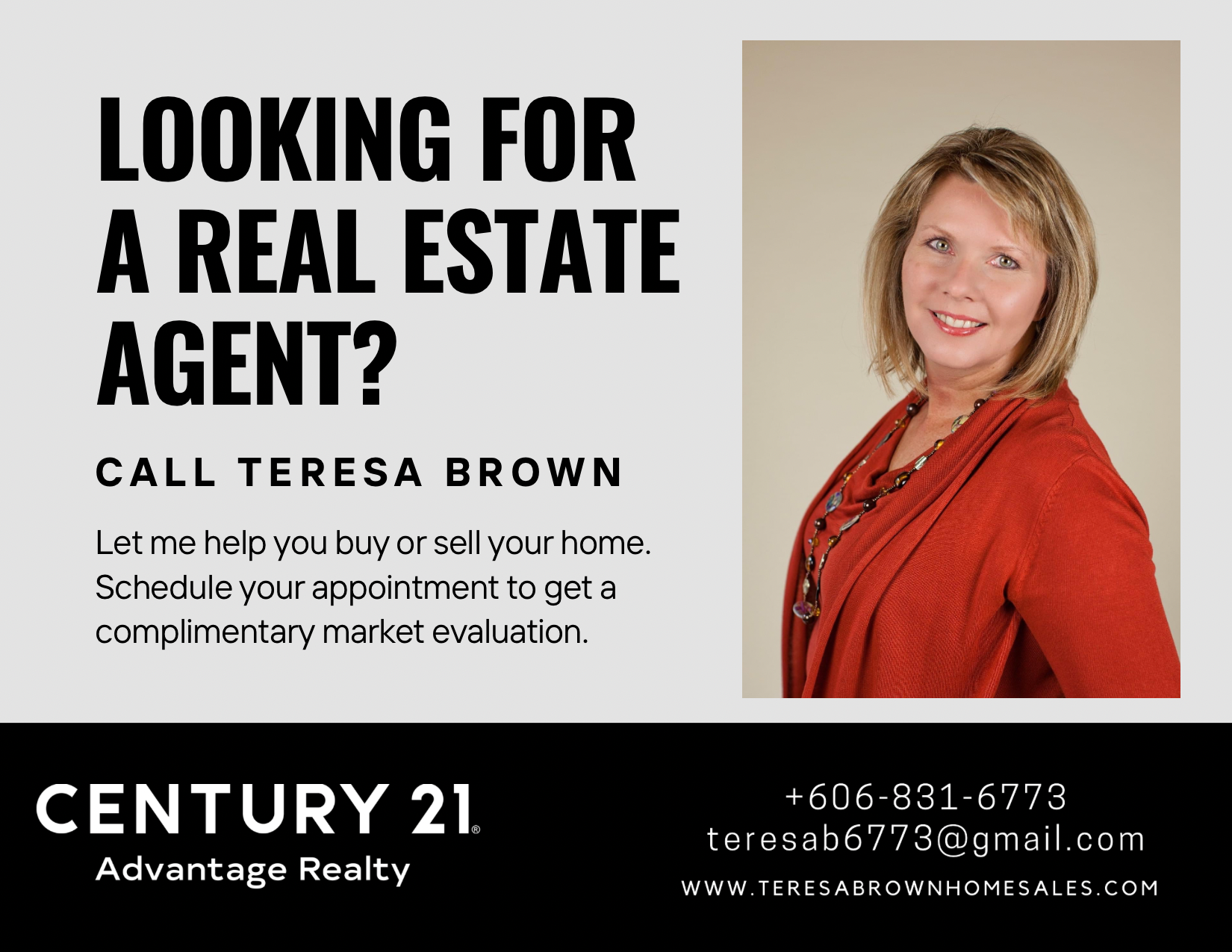 Real estate advertisement featuring a smiling woman with blonde hair wearing an orange blazer and necklace, promoting contact with Teresa Brown for buying or selling homes, with company logos, contact info, and website at bottom.