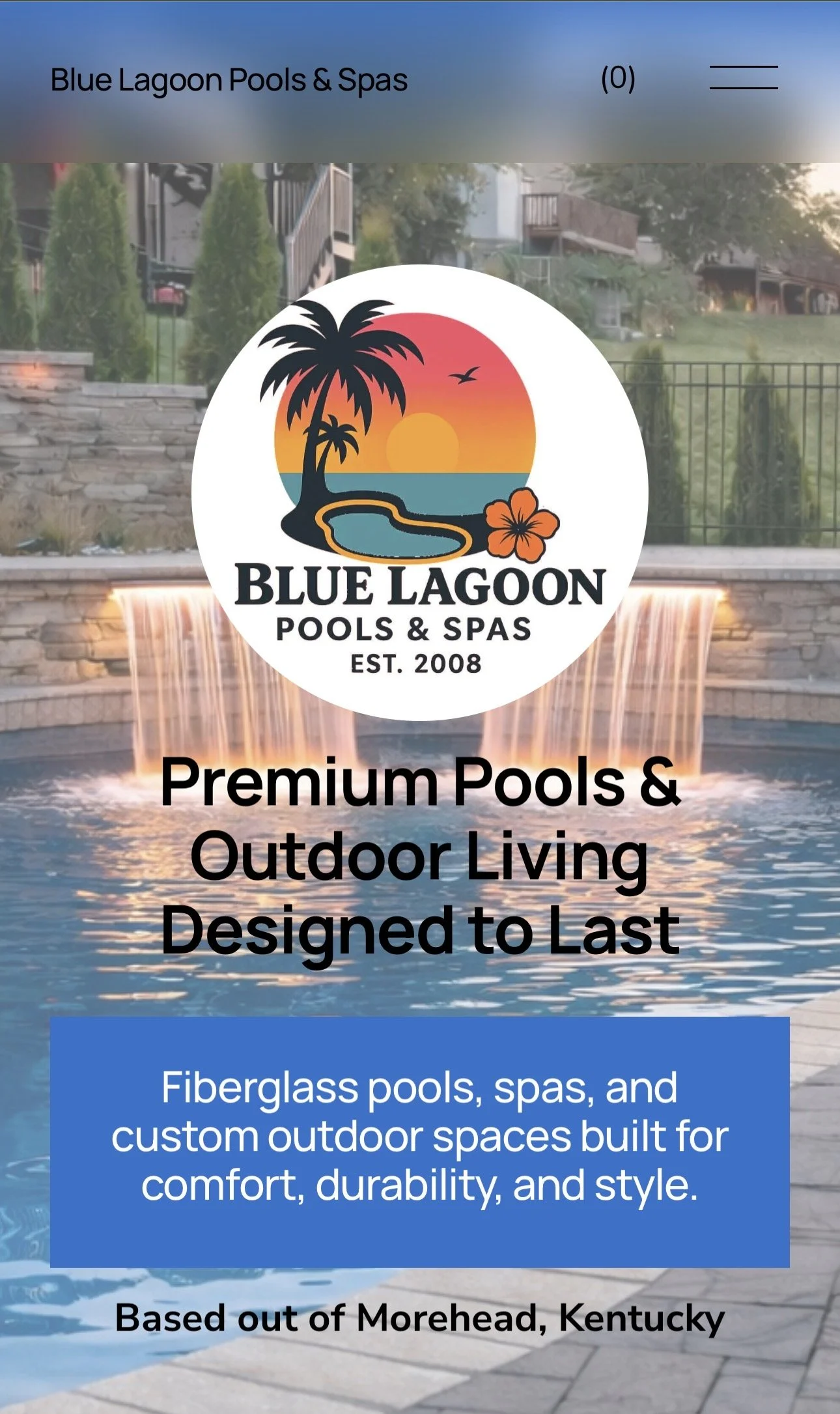 Promotional banner for Blue Lagoon Pools & Spas. Features a logo with a sunset, palm trees, and a hibiscus flower. Promotes fiberglass pools, spas, and outdoor spaces for comfort and durability. Based in Morehead, Kentucky.