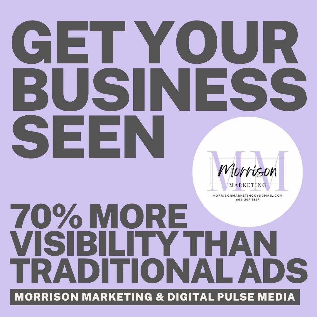 Purple promotional graphic for Morrison Marketing, highlighting a 70% increase in visibility with the message, 'Get Your Business Seen,' featuring Morrison Marketing's contact details and logo.