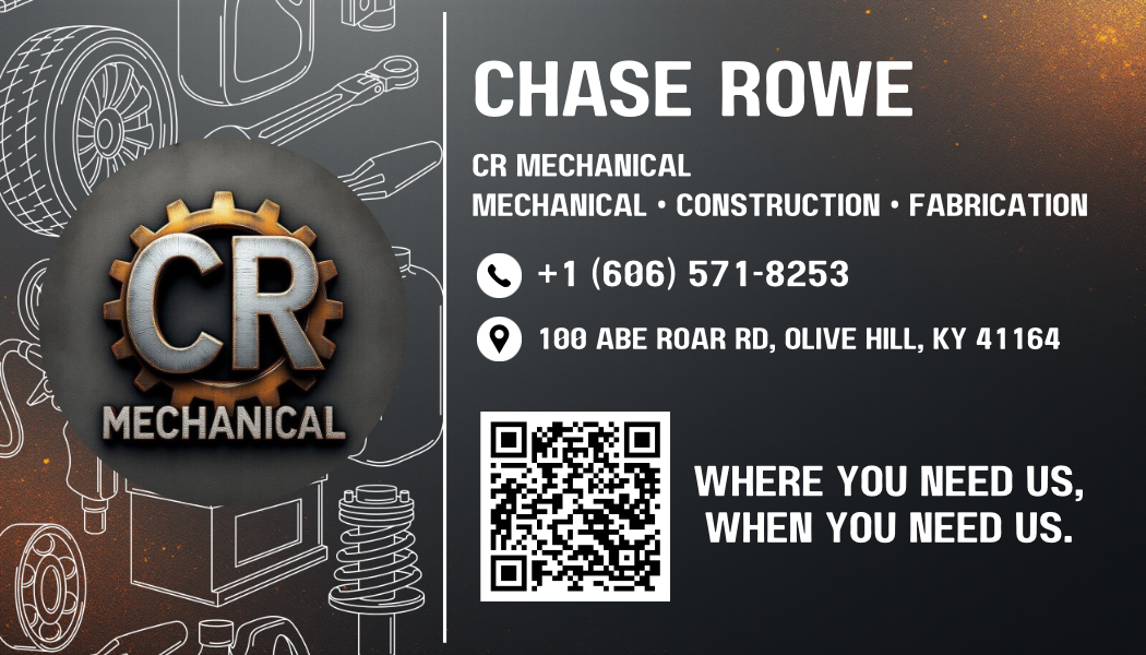 Business card for Chase Rowe, CR Mechanical, featuring a large logo with 'CR' inside a gear, and text with contact information, address, and a QR code, all set against a dark background with schematic mechanical parts.