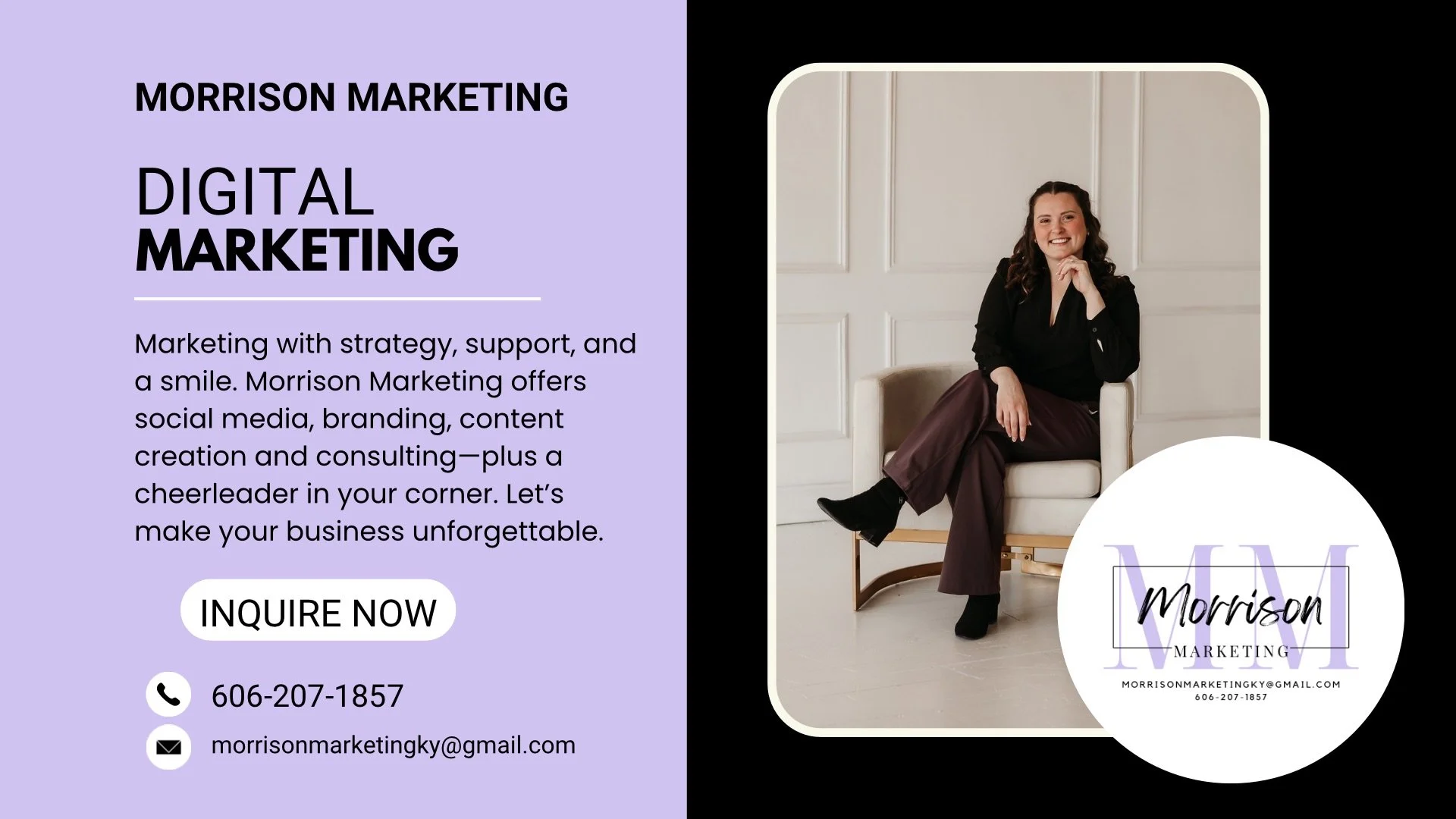 A promotional graphic for Morrison Marketing, a digital marketing service. The graphic is split into two sections: the left side has a lavender background with black and white text promoting the services and contact information; the right side features a woman sitting on a chair, smiling, with a Morrison Marketing logo in a circle overlay.