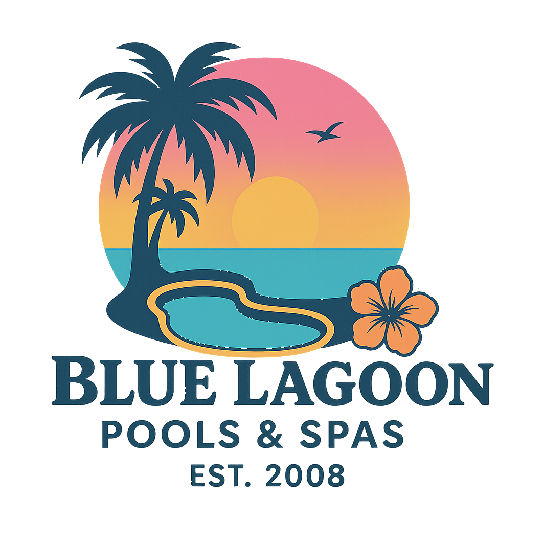 Logo for Blue Lagoon Pools & Spas featuring a sunset over a pool, palm trees, a hibiscus flower, and a bird, with text indicating the business name and establishment year 2008.