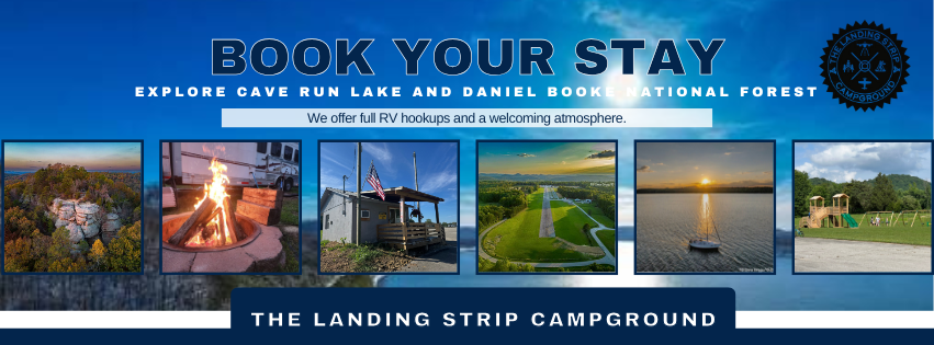 Flyer for The Landing Strip Campground promoting booking stays at Cave Run Lake and Daniel Boone National Forest, featuring images of nature, a campfire, RV, and outdoor fun.