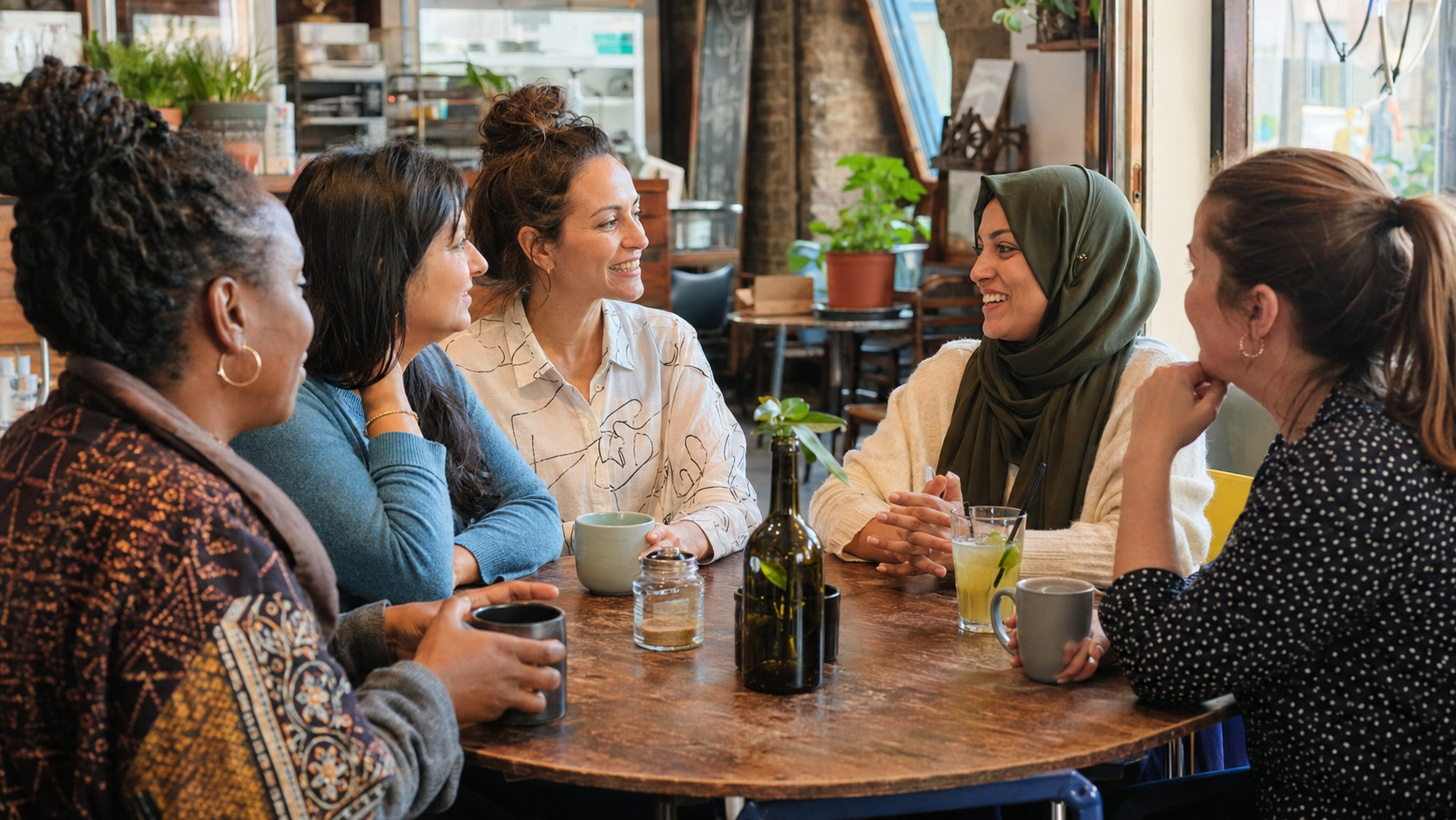 Women share conversation around a café table during an I Am Well women’s wellbeing gathering.