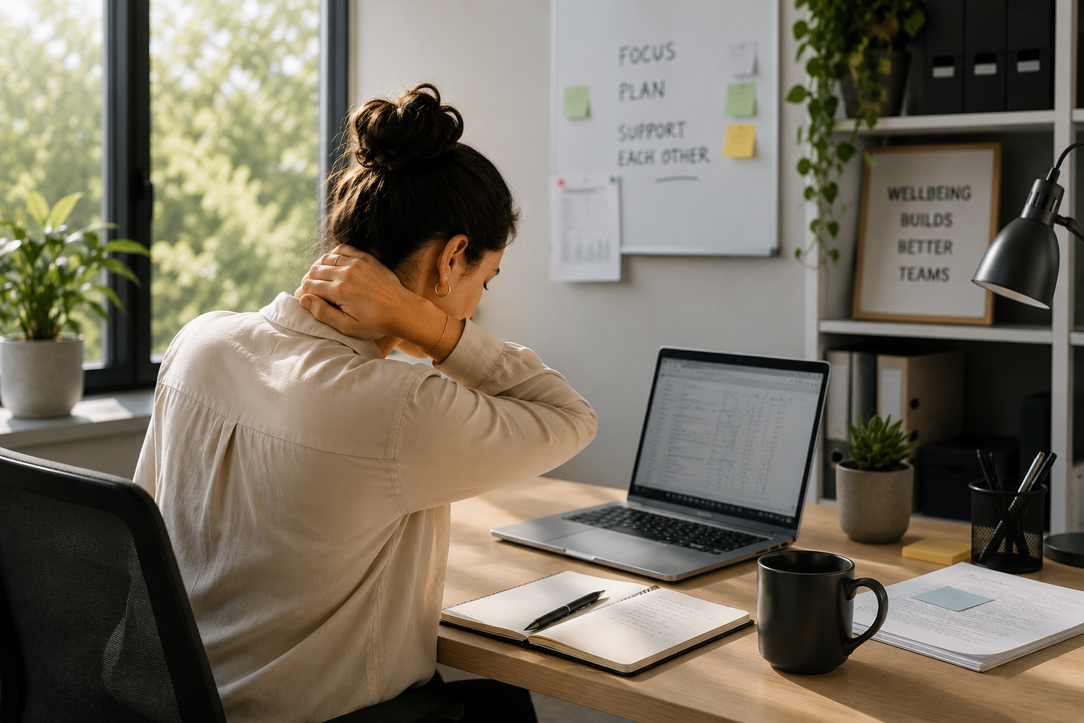 Employee noticing shoulder and neck tension at work, representing early signs of work pressure and practical workplace wellbeing.