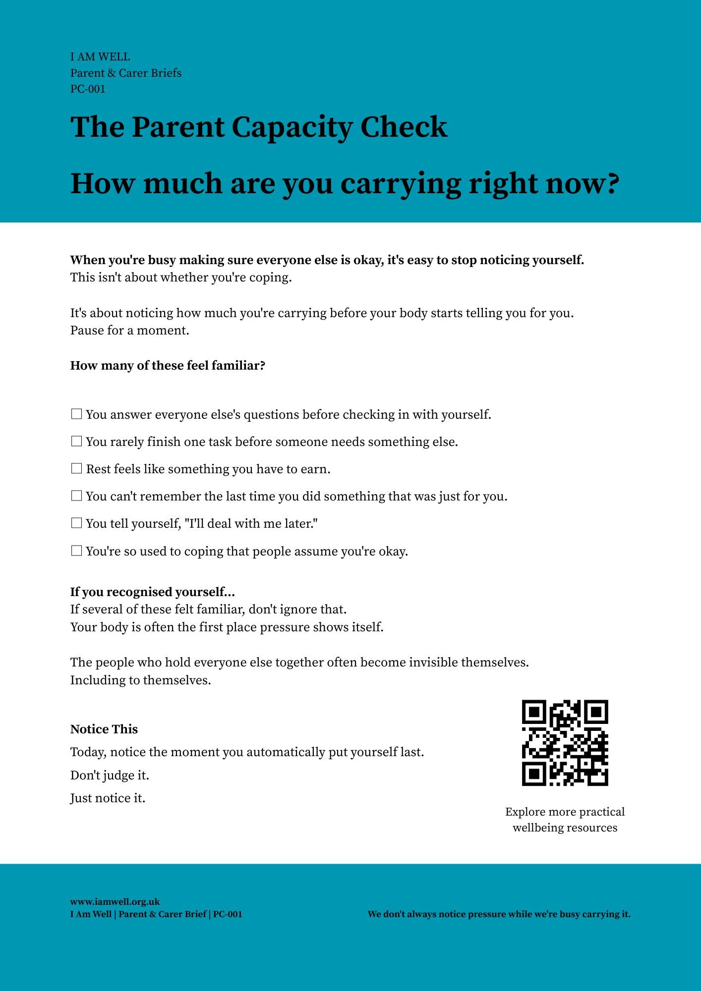 Preview of The Parent Capacity Check wellbeing guide for parents and carers.