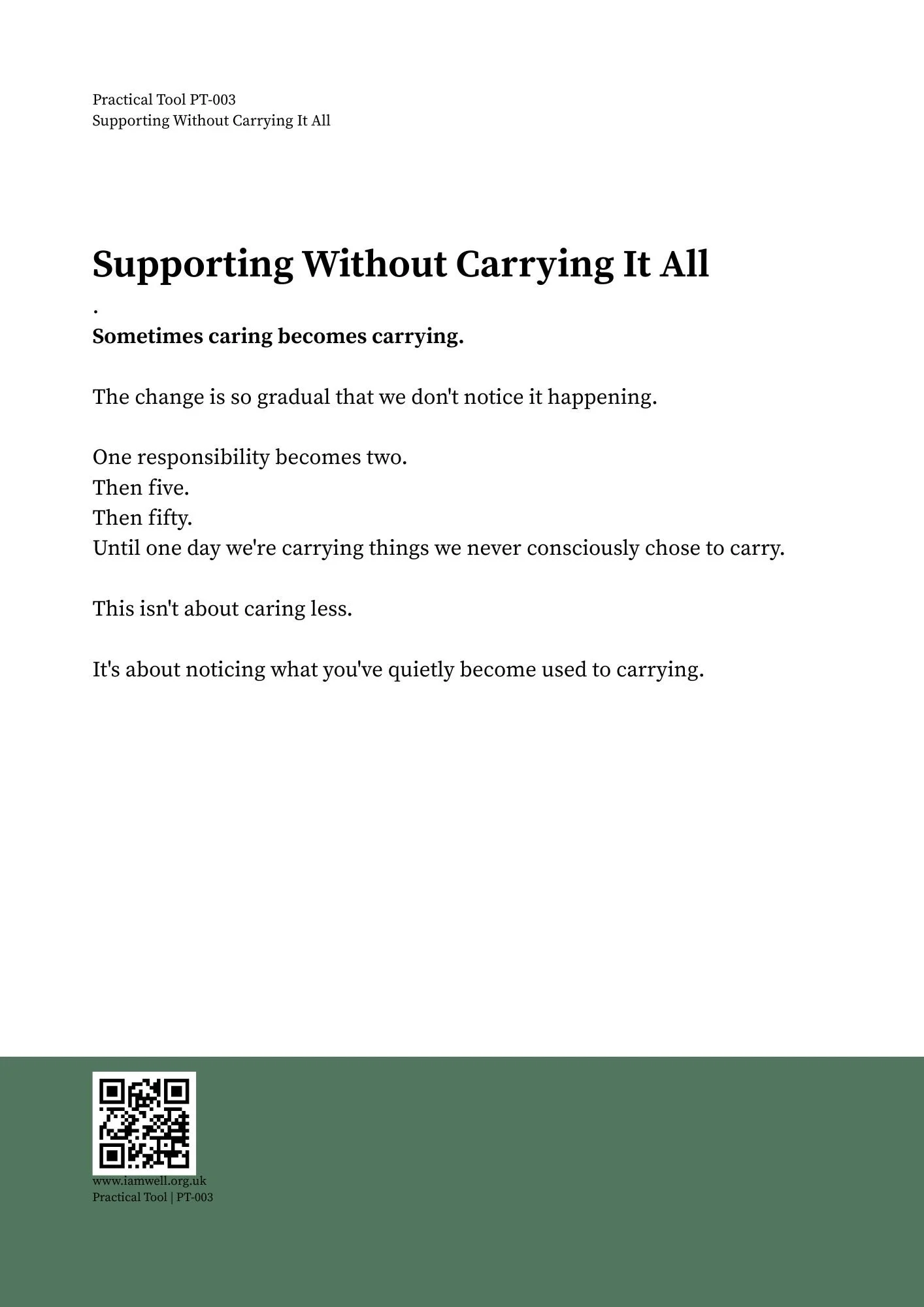 Cover of Supporting Without Carrying It All, a practical wellbeing tool from I Am Well exploring hidden pressure and responsibility.