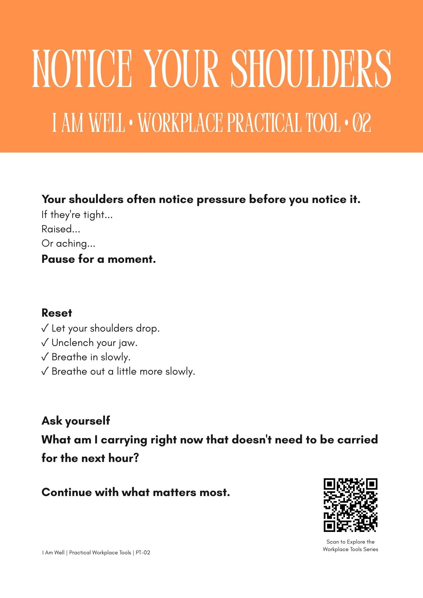 Cover of Notice Your Shoulders, a practical workplace wellbeing tool from I Am Well helping people recognise physical signs of pressure.