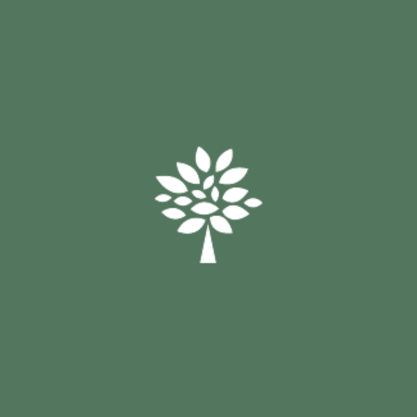 A white tree logo with multiple leaves against a dark green background.
