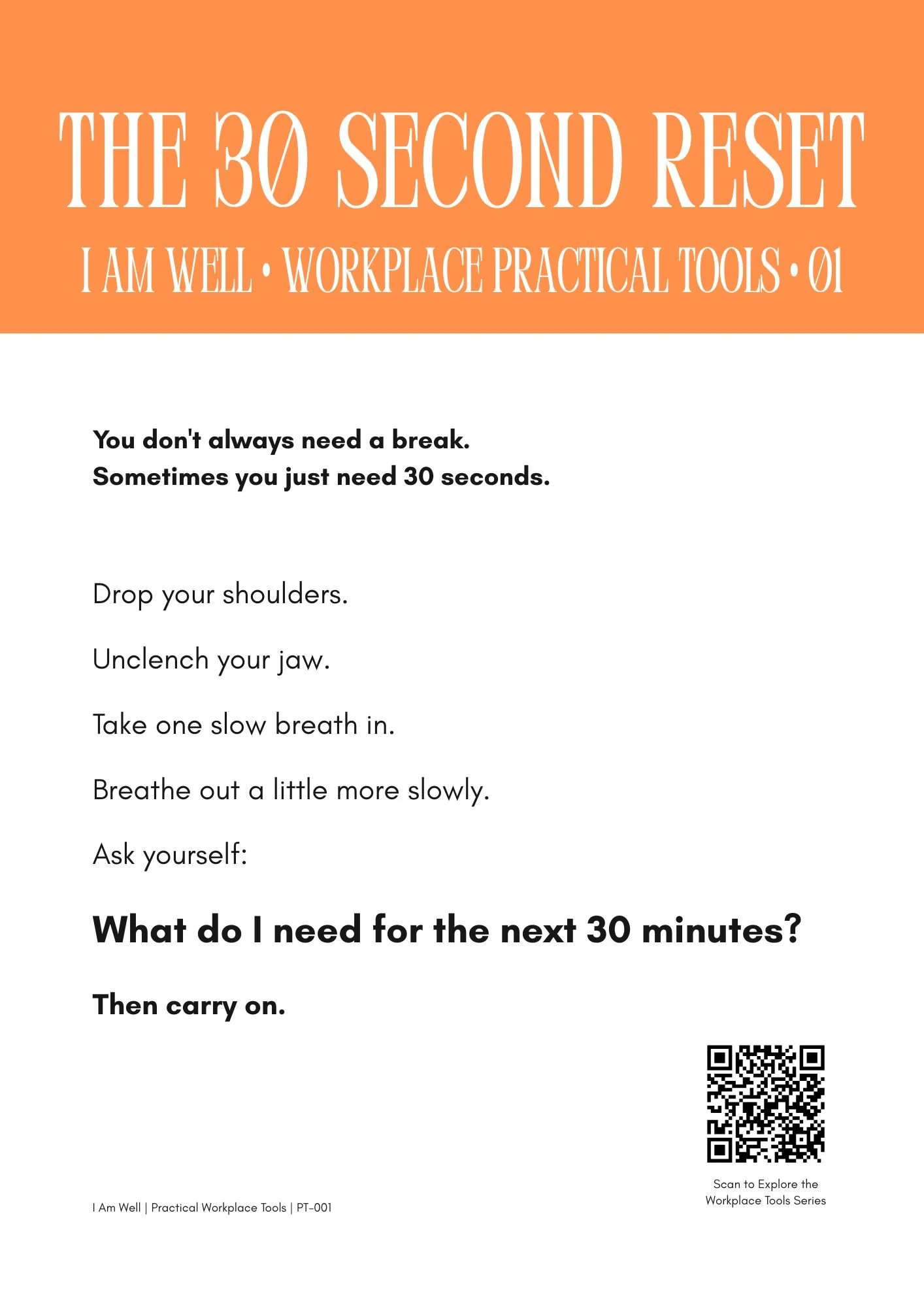 The 30 Second Reset practical workplace breathing tool by I Am Well, helping employees regulate stress and regain focus in 30 seconds.