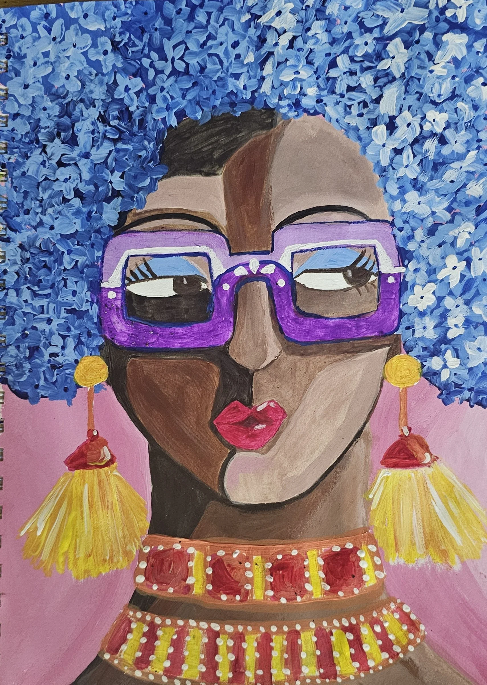 Summer, a painting by Vanessa Quiñones: a woman in purple sunglasses and gold tassel earrings against a field of blue flowers.
