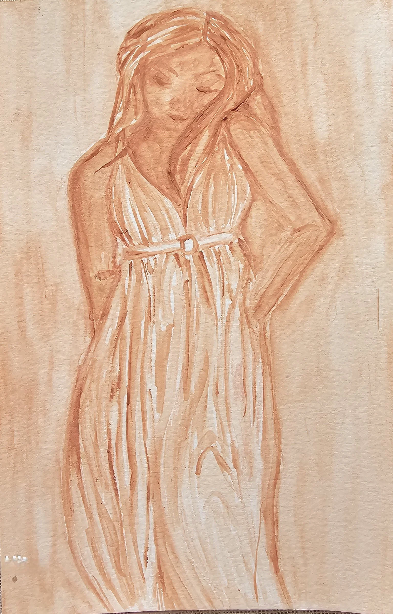 contemplating, a painting by Vanessa Quiñones of a woman in a long flowing dress, in warm earth tones.