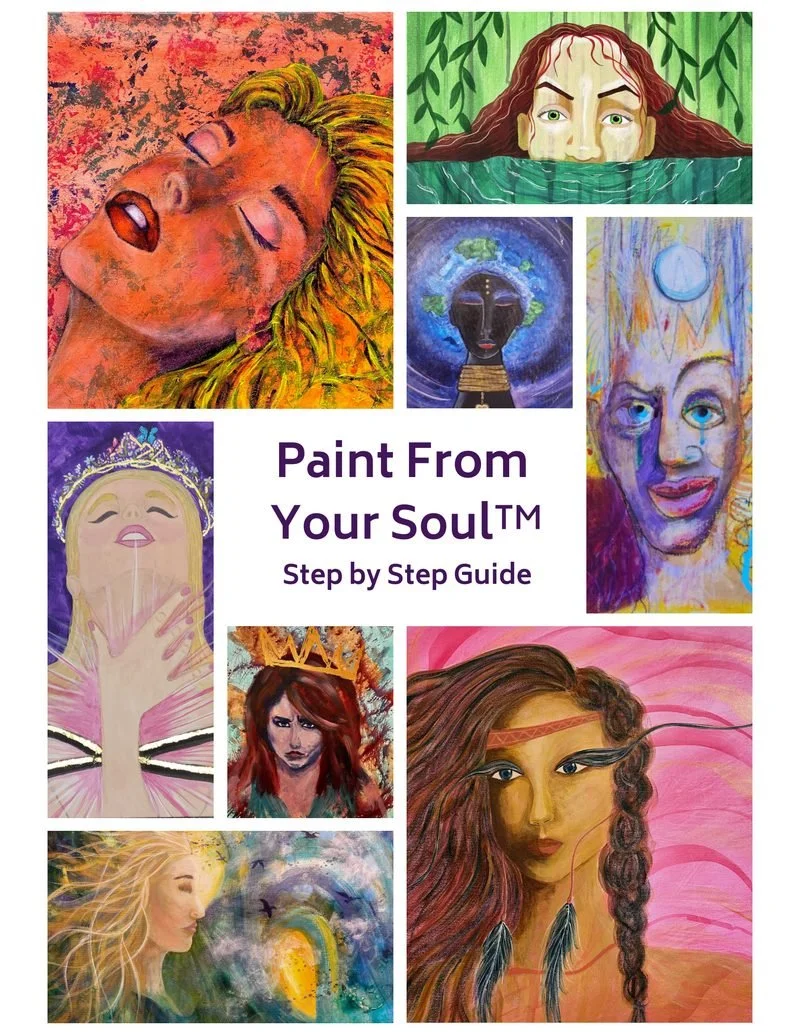 Cover of the Paint From Your Soul™ Step by Step Guide: a grid of painted portraits of women by Vanessa Quiñones.