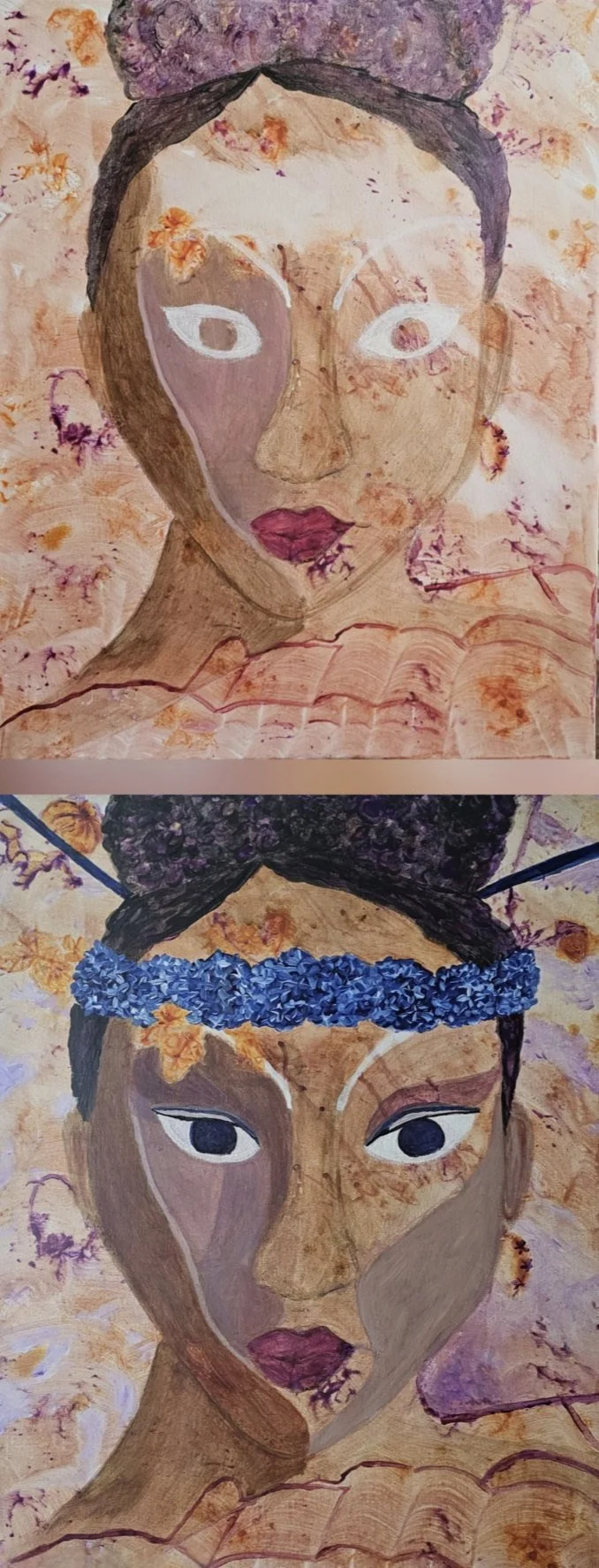 Celebration in Aging, a painting by Vanessa Quiñones: two portraits of the same woman stacked one above the other, each crowned with flowers.