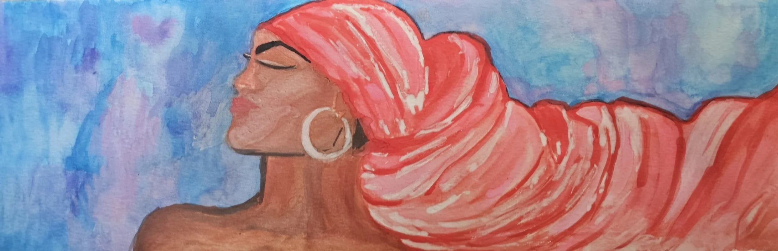 Carmen Georgina, a painting by Vanessa Quiñones: a woman in profile with closed eyes and gold hoop earrings, her coral headwrap flowing across a soft blue and lavender sky.