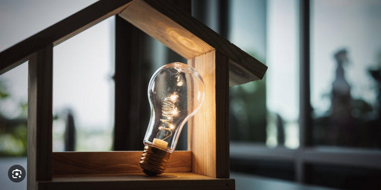 Light bulb placed inside a wooden birdhouse.