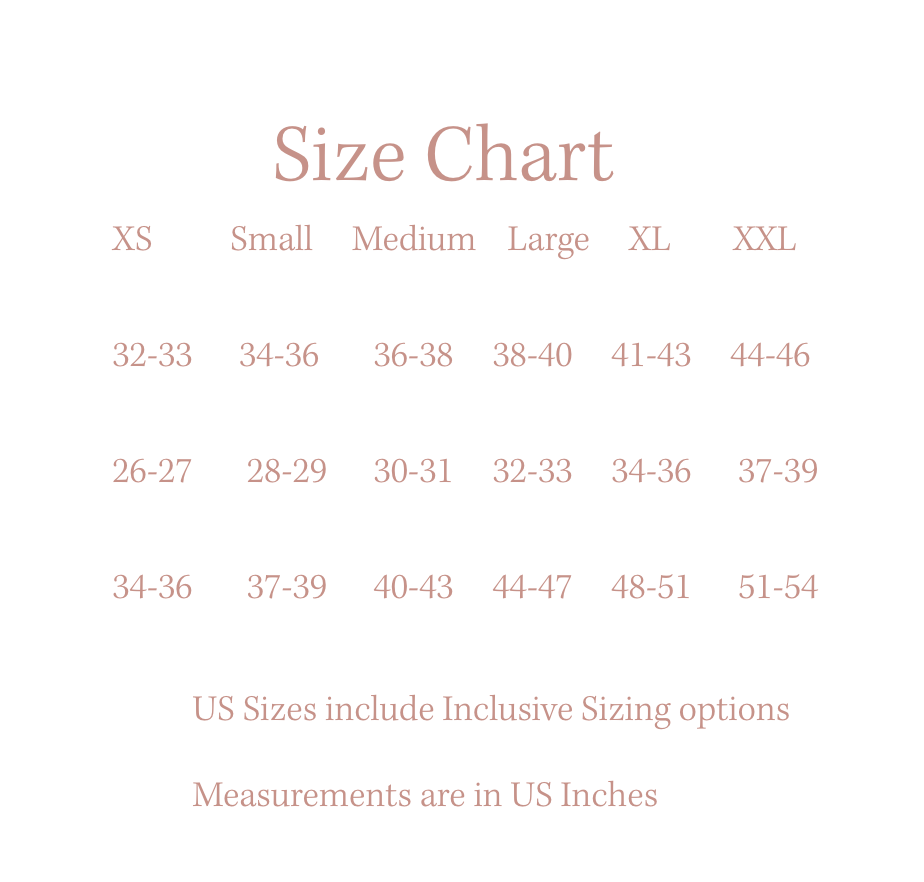 A size chart in a soft pink font listing US clothing sizes XS through XXL, with corresponding measurements in inches for three different measurements, and notes about inclusive sizing options and measurements in US inches.