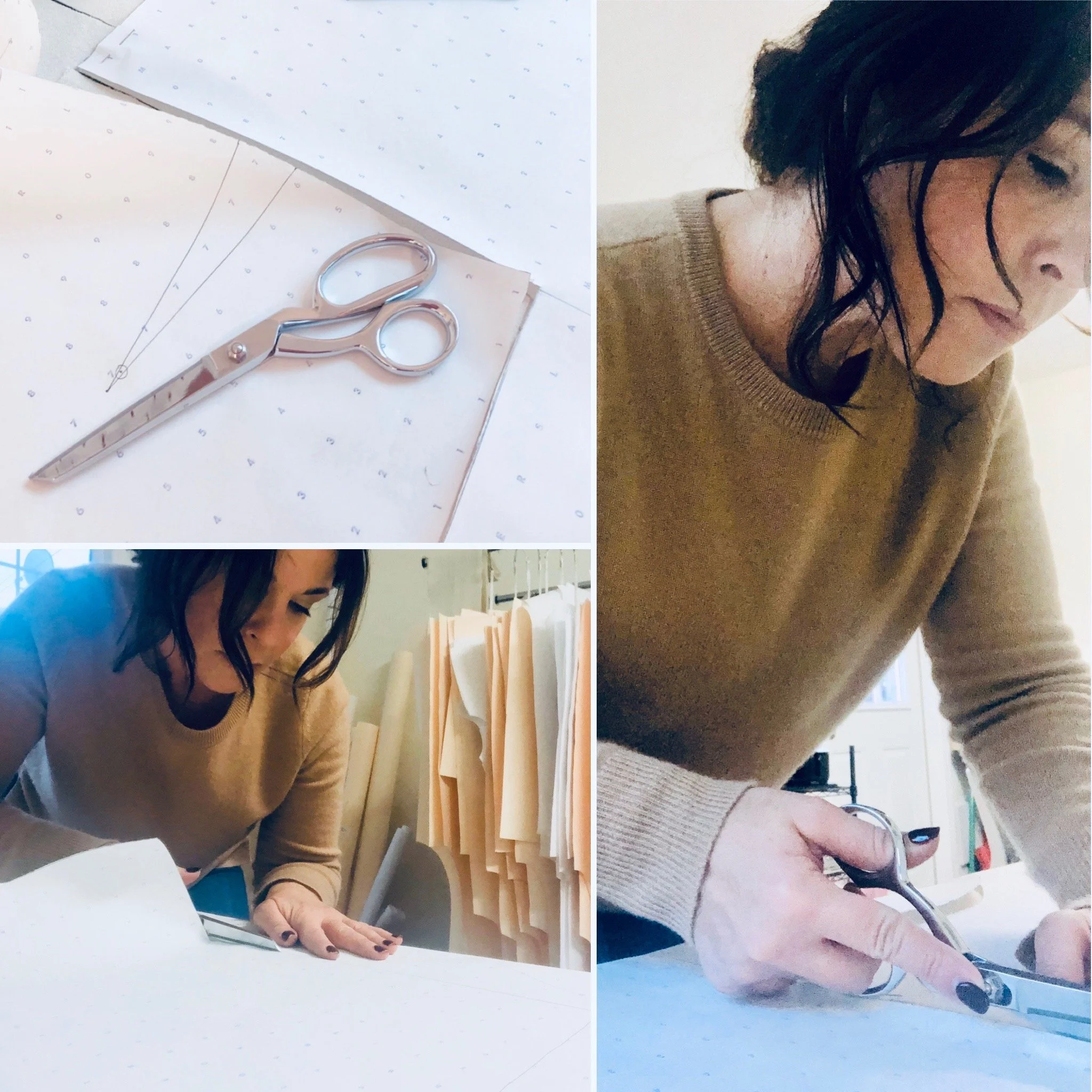 A collage of four images, two showing a woman with black hair, one with a tan sweater, the other with black glasses and a tan shirt, working at a desk, and the other two showing close-ups of the woman's hand and a stethoscope.