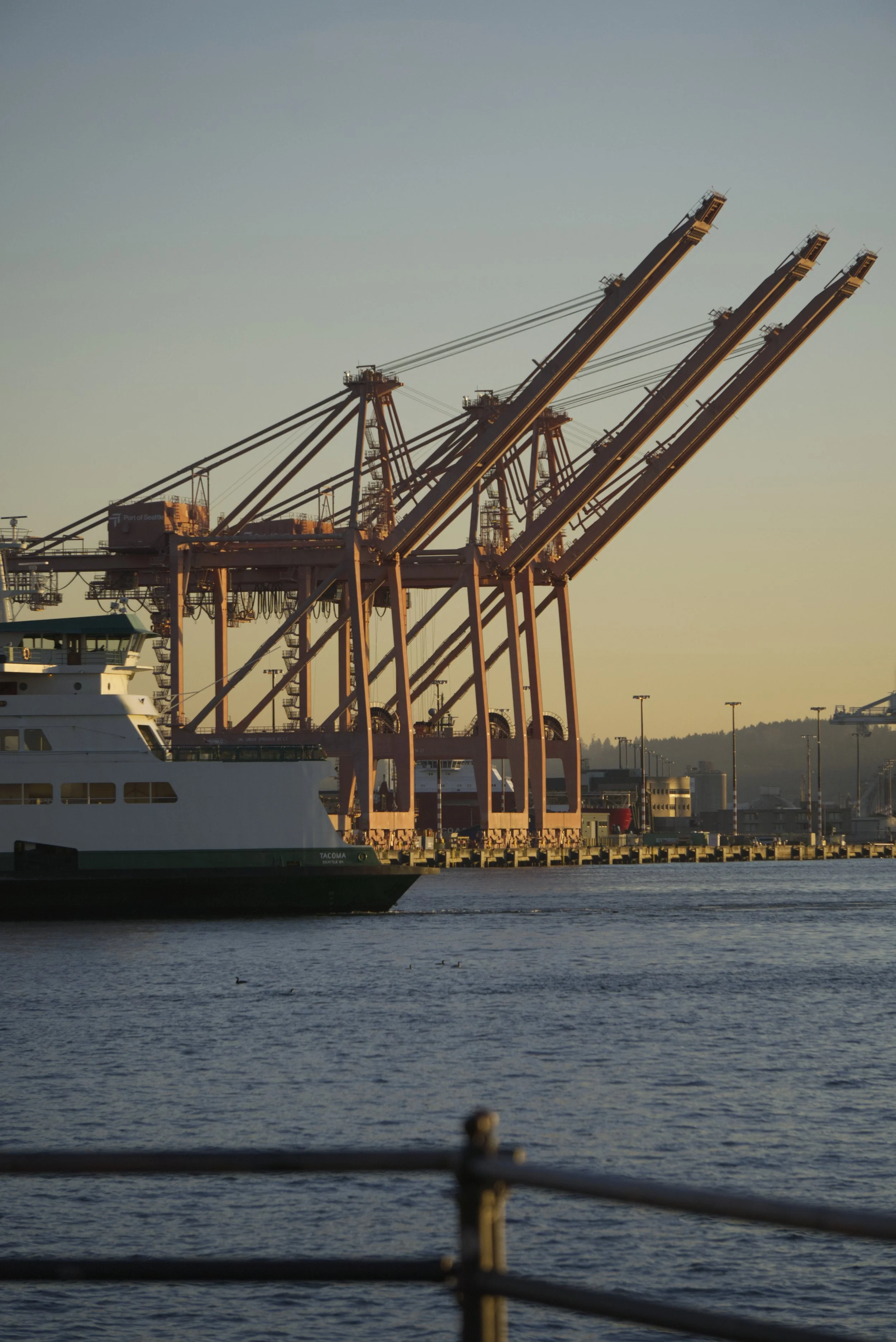 View of port cranes and a ship docked at the harbor, with the water in the foreground and a clear sky in the background.