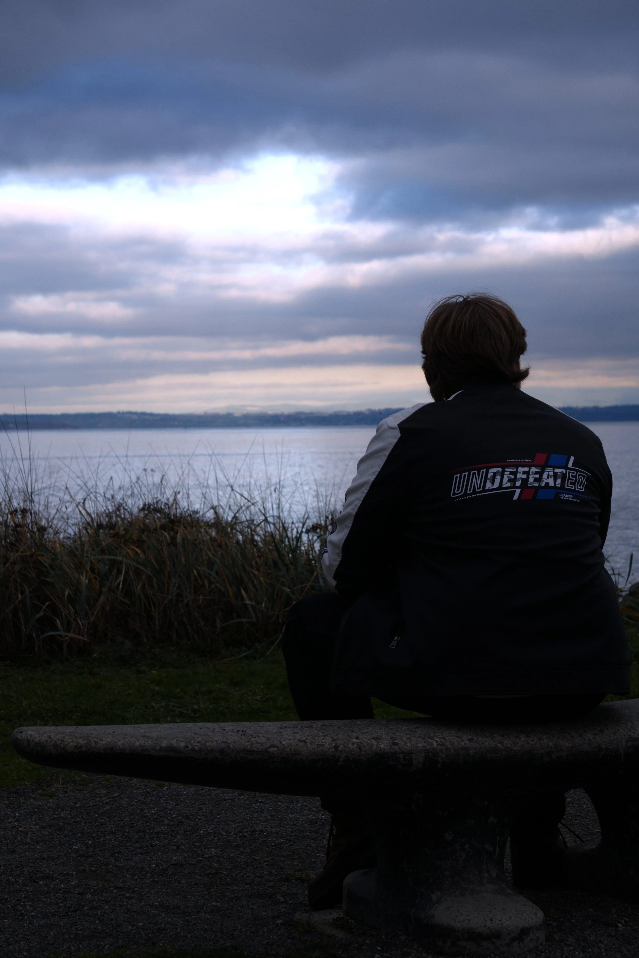 A person sitting on a bench facing a body of water, under a cloudy sky.