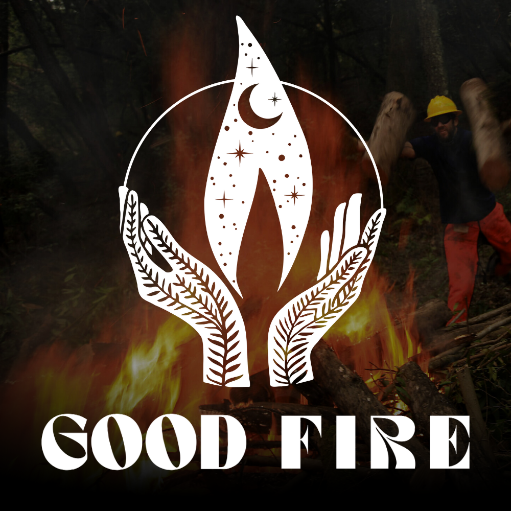 A logo featuring a white illustration of two hands holding a leaf with a crescent moon and stars, over a background of a campfire and forest with a person wearing a yellow helmet and red pants.