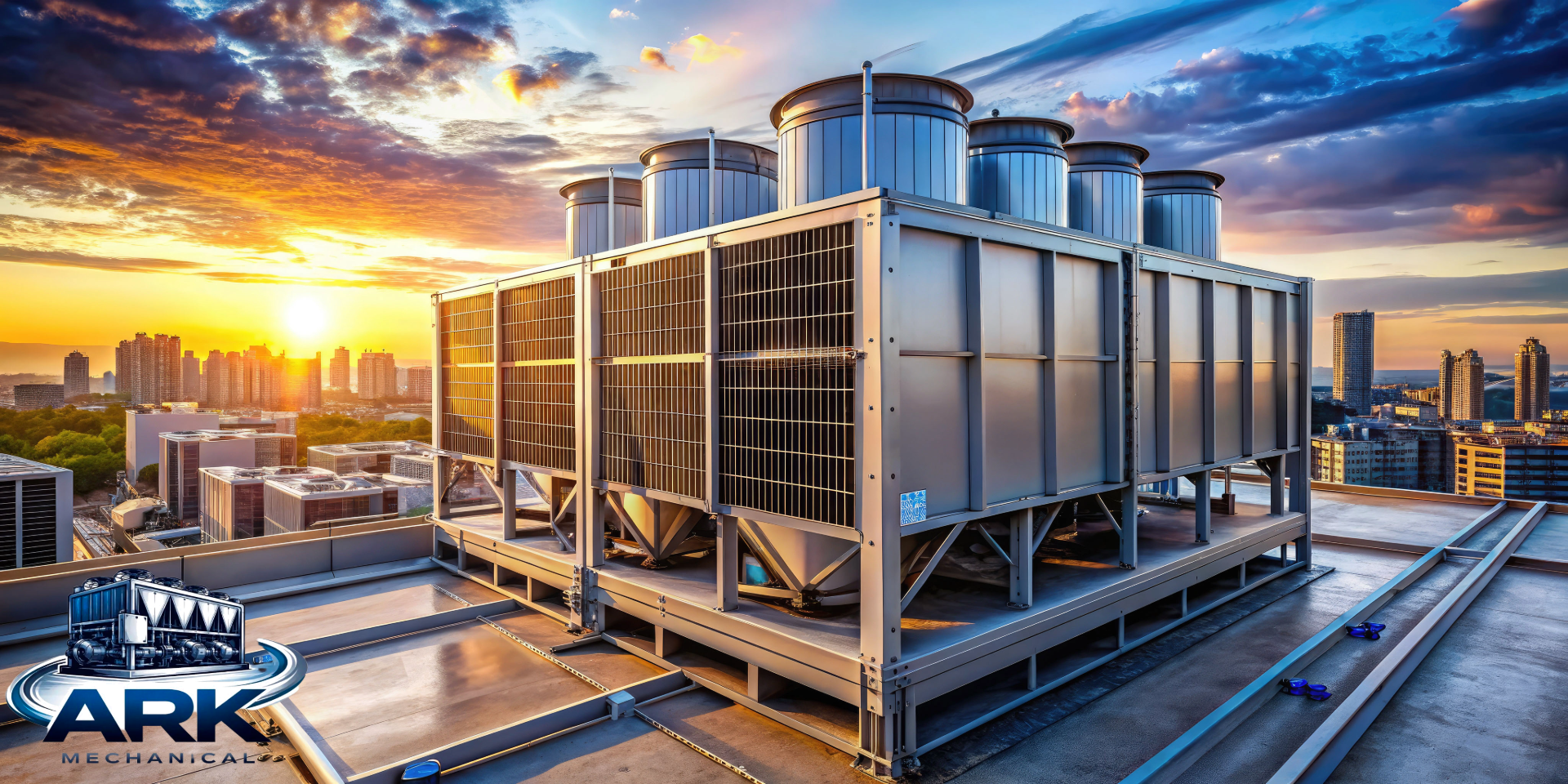 Industrial HVAC cooling unit on rooftop during sunset over city skyline.